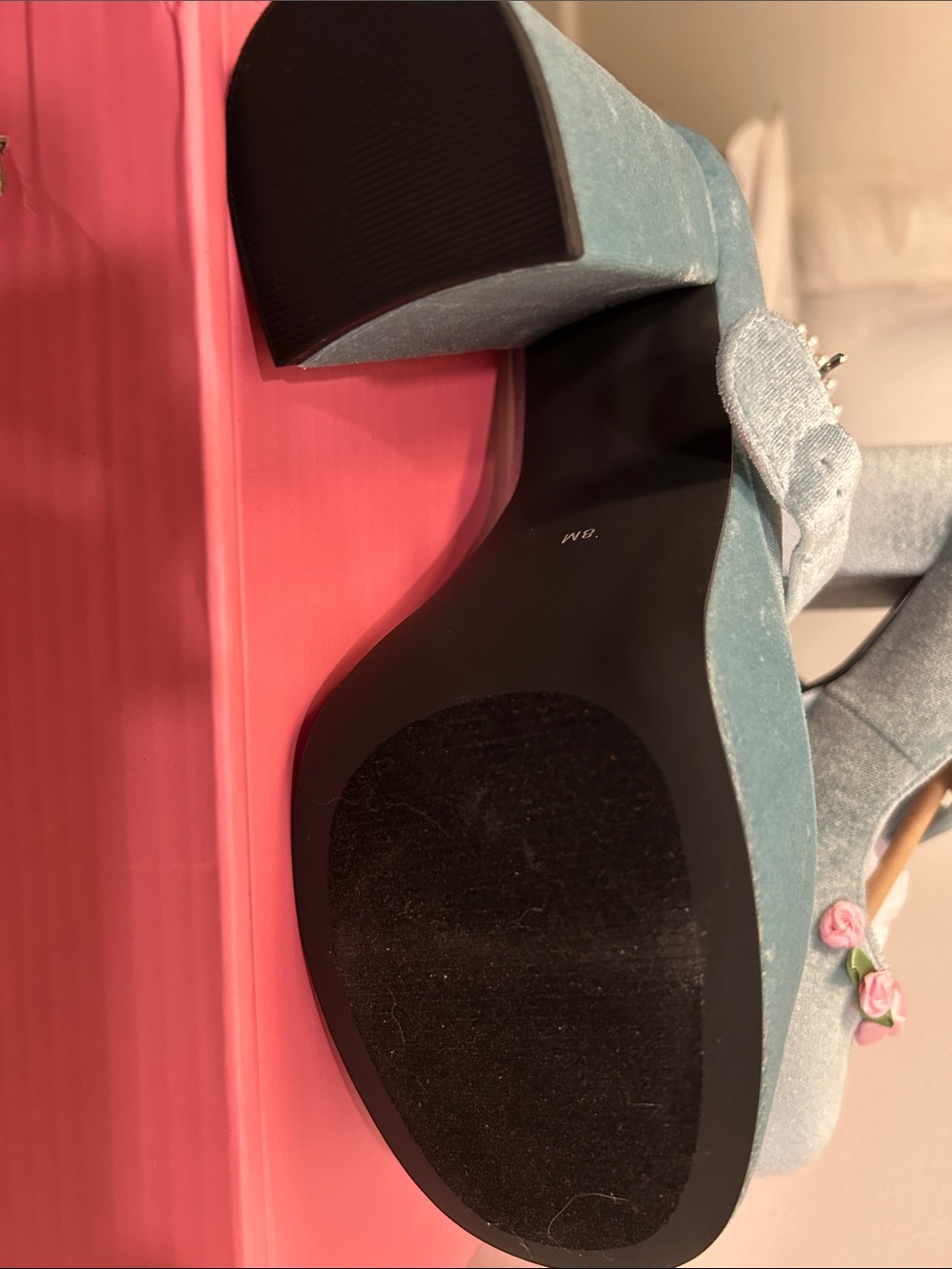 Dolls Kill Light Blue Velvet Platform Mary Jane Heels with Floral Trim - Picture 4 of 7